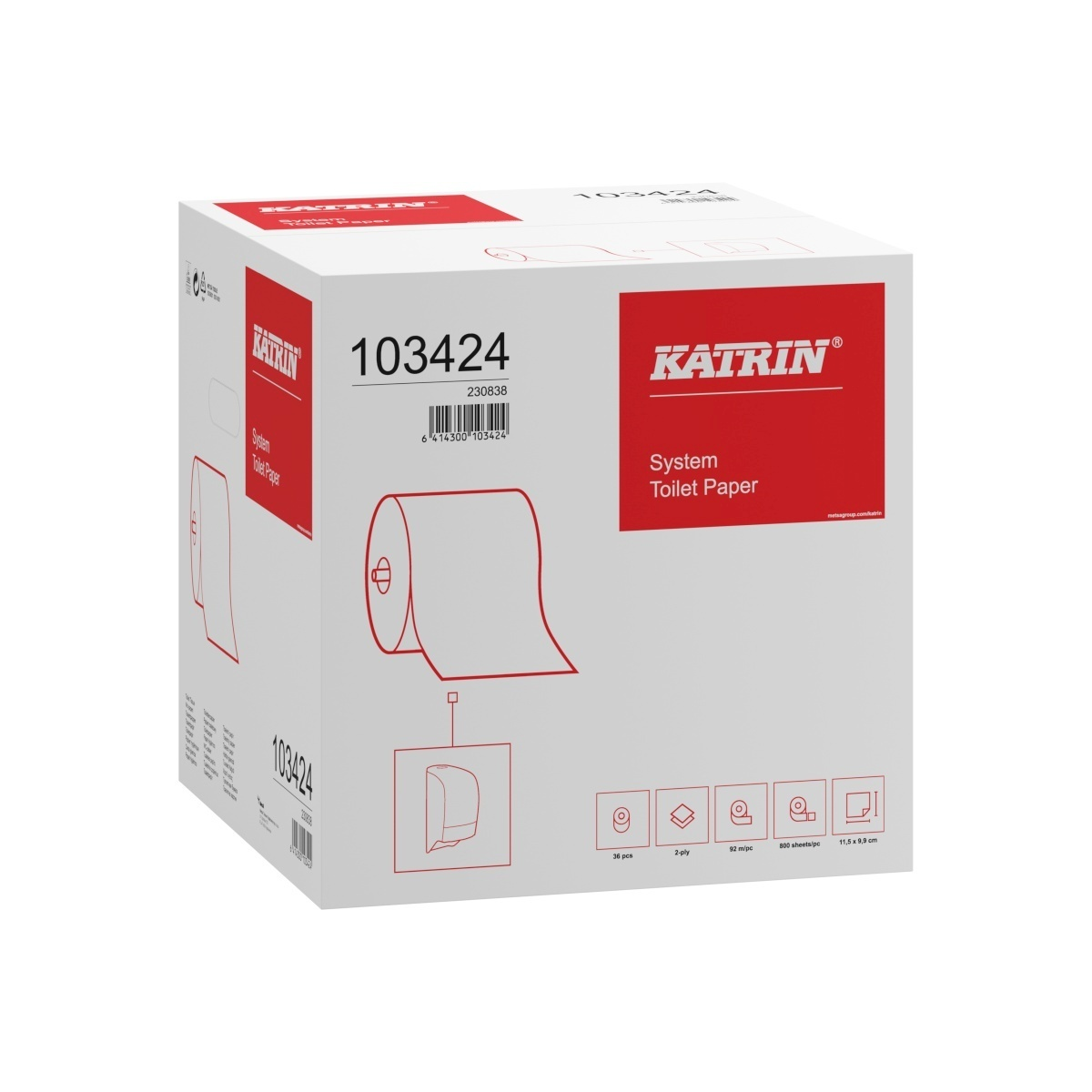 Papír toaletní Katrin System, 2vrstvý, celulóza, ø 13,5 cm, 92 m, 800 útržků, bílý